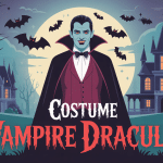 Visuel costume vampire Dracula élégant avec cape noire et château gothique