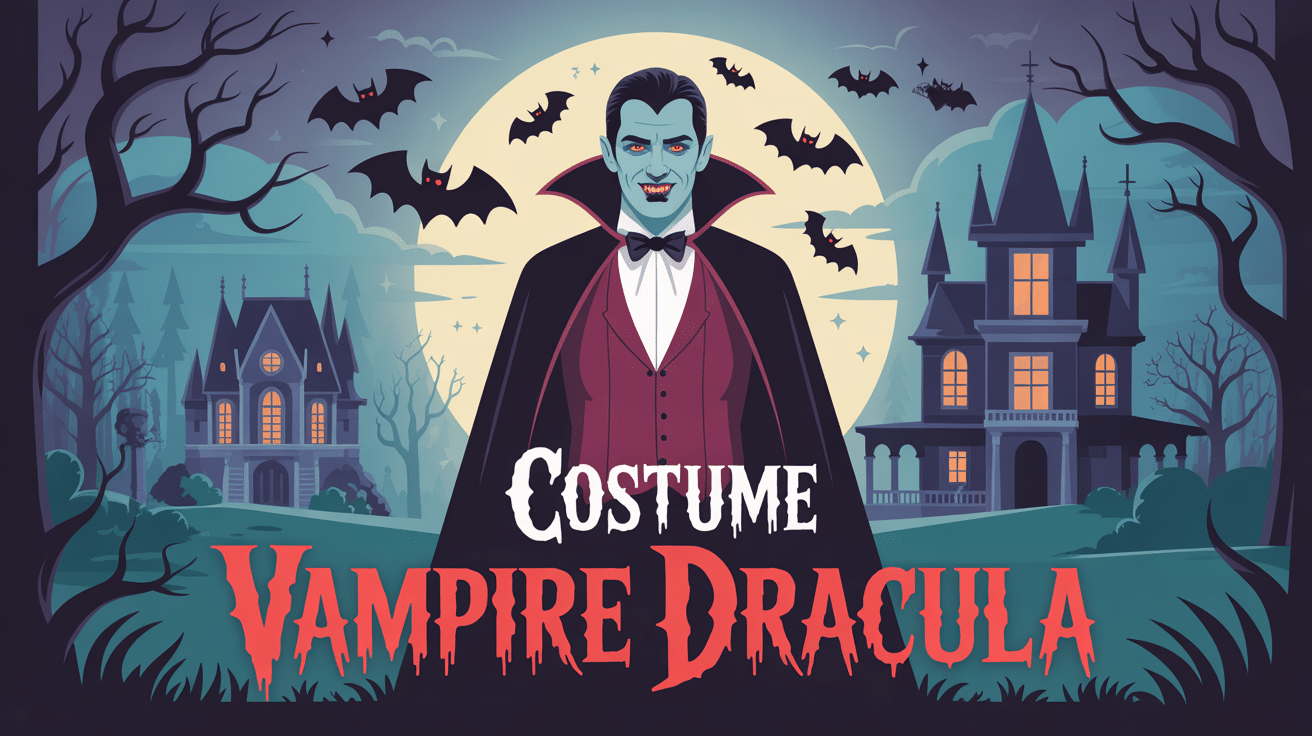 Visuel costume vampire Dracula élégant avec cape noire et château gothique