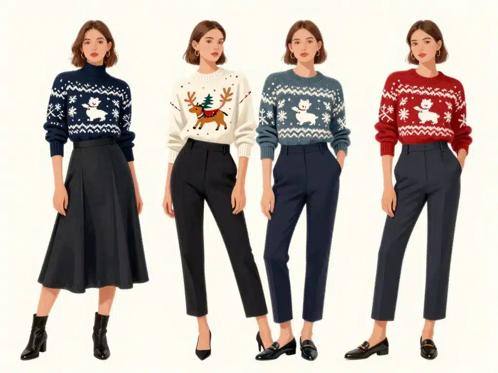 pull noël femme chic avec tenues et accessoires élégants