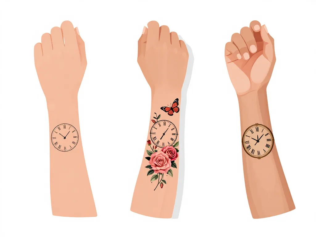 Tatouage horloge femme styles bras minimaliste vintage fleurs