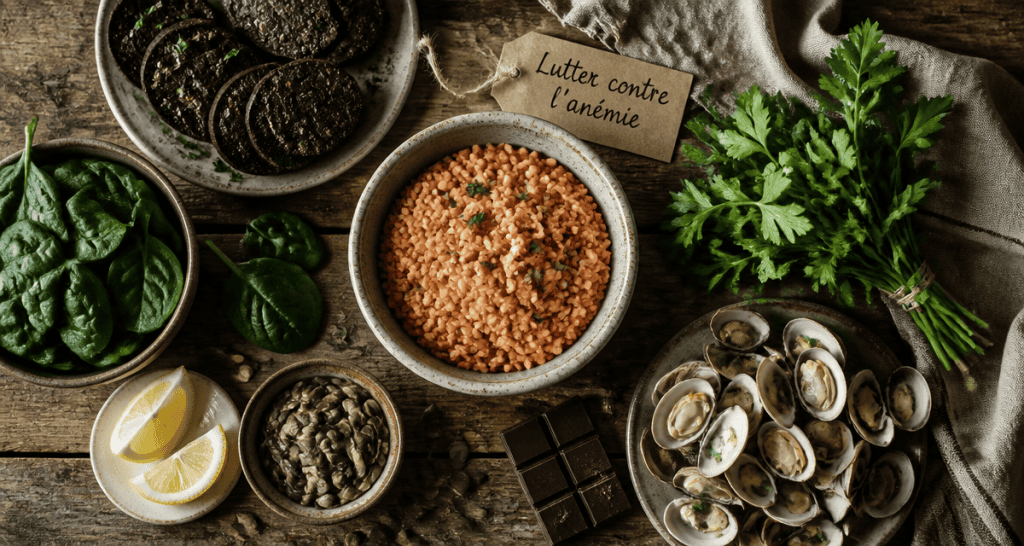 aliment riche en fer anemie sur table