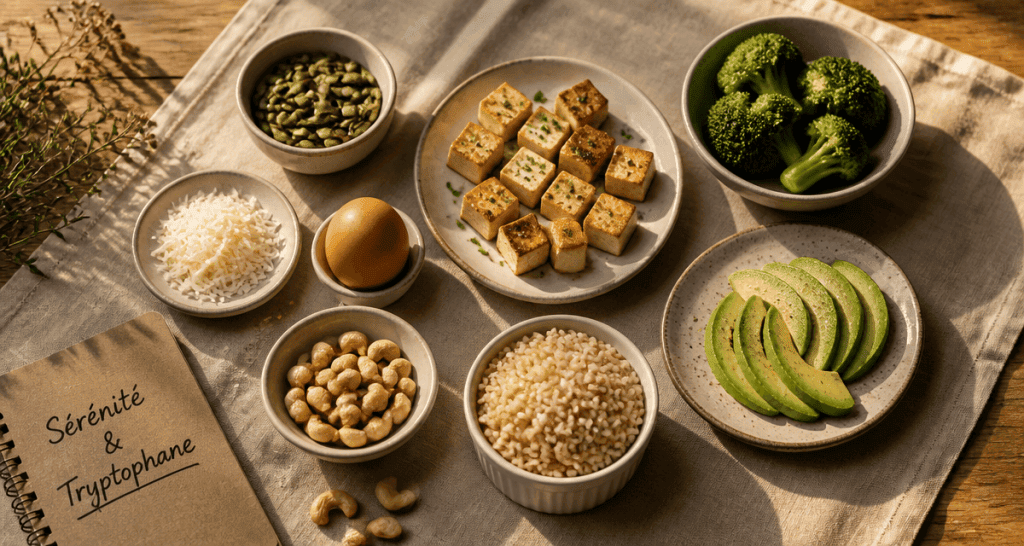 Aliment riche en tryptophane sur table en bois