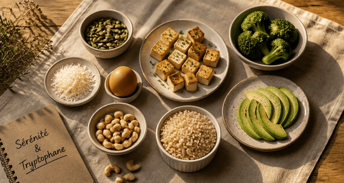Aliment riche en tryptophane sur table en bois