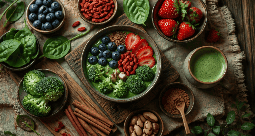aliments riches en antioxydants variés sur table
