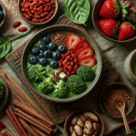 aliments riches en antioxydants variés sur table