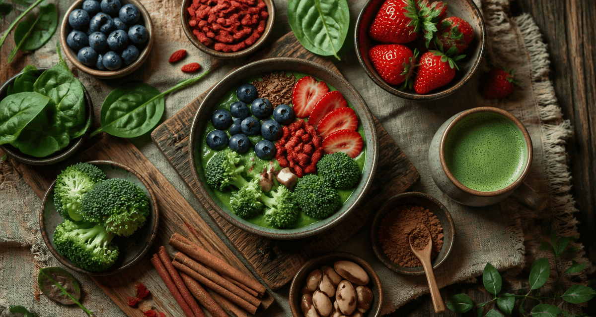 aliments riches en antioxydants variés sur table