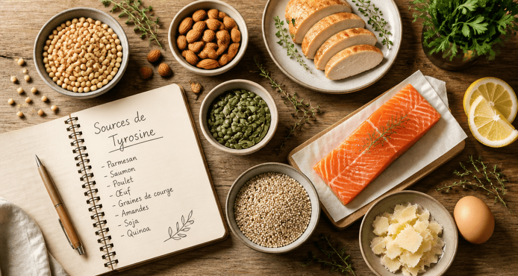 aliments riches en tyrosine variés sur table