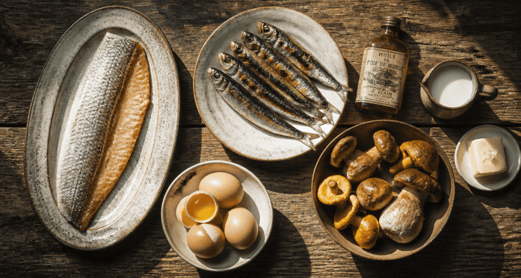 aliments riches en vitamine d variés sur table