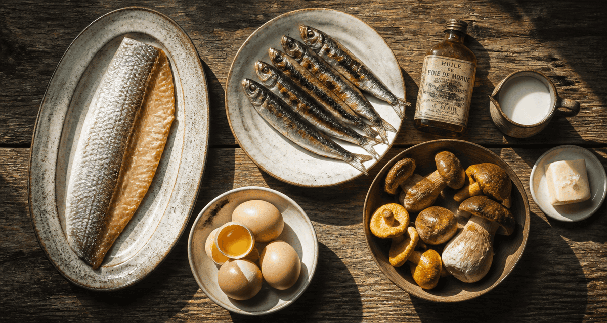 aliments riches en vitamine d variés sur table