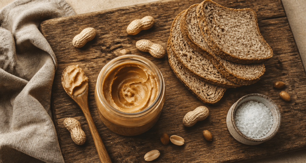 beurre de cacahuete bienfaits artisanal sur planche avec pain et cacahuetes