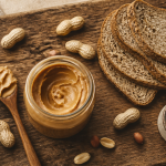 beurre de cacahuete bienfaits artisanal sur planche avec pain et cacahuetes