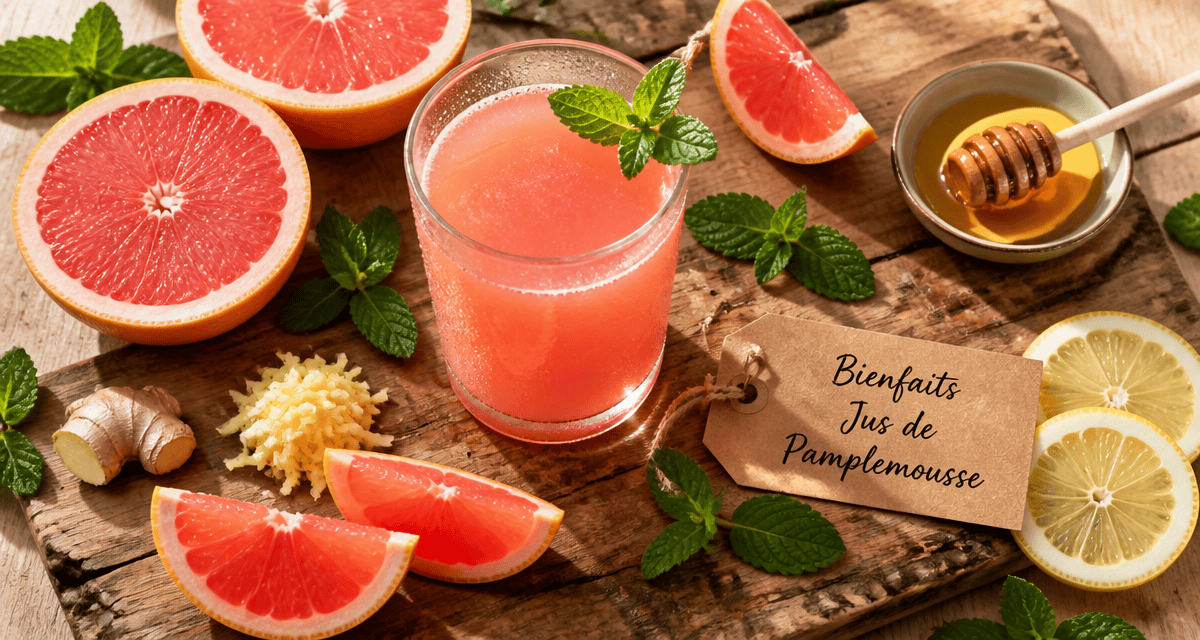Bienfait jus de pamplemousse sur planche avec fruits et miel