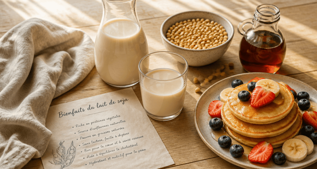 bienfaits du lait de soja en image flat lay