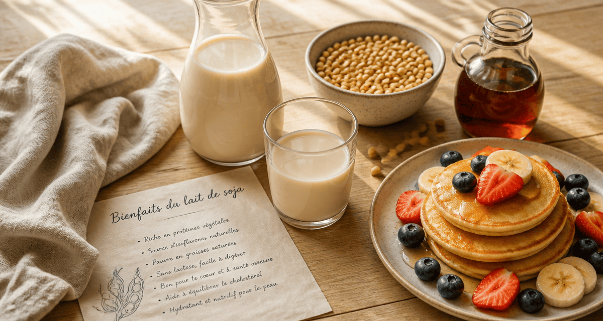 bienfaits du lait de soja en image flat lay