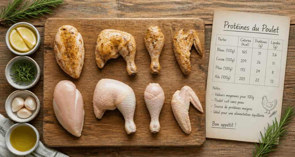 combien de proteines dans 100 g de poulet blanc cuisse pilon aile
