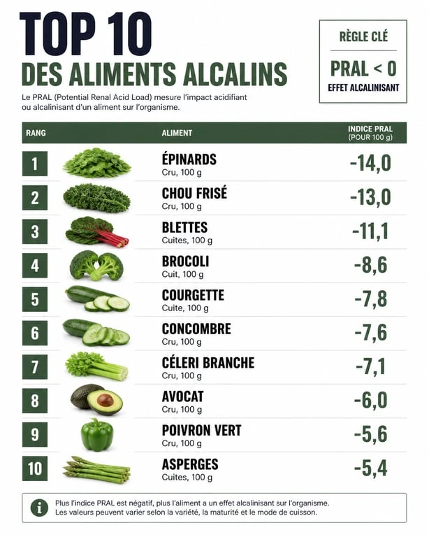 Infographie du top 10 des aliments alcalins et leur indice PRAL pour l'équilibre acido-basique