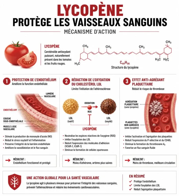 Infographie sur les effets de la tomate et du lycopène sur la santé sanguine et cardiovasculaire