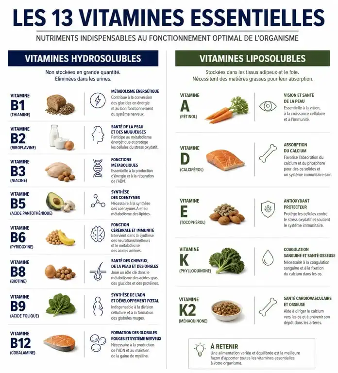 Tableau des vitamines et leurs fonctions : classification hydrosoluble et liposoluble