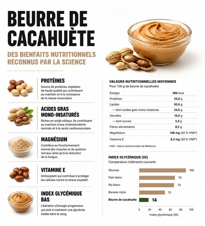 Infographie sur les bienfaits nutritionnels et les apports santé du beurre de cacahuète