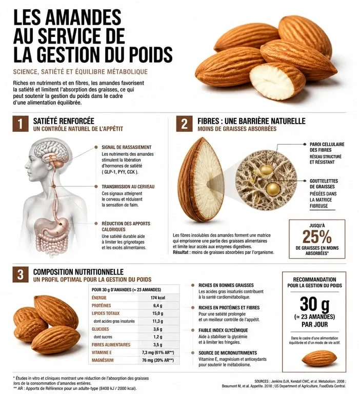 Infographie sur les bienfaits des amandes pour la gestion du poids et la satiété