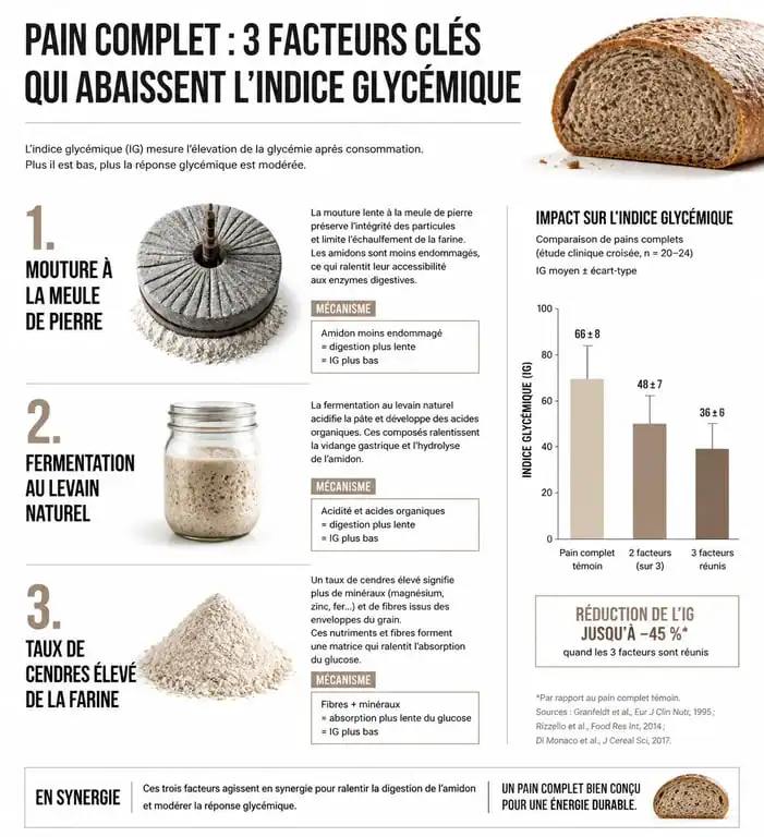 Infographie des facteurs influençant l'indice glycémique du pain complet