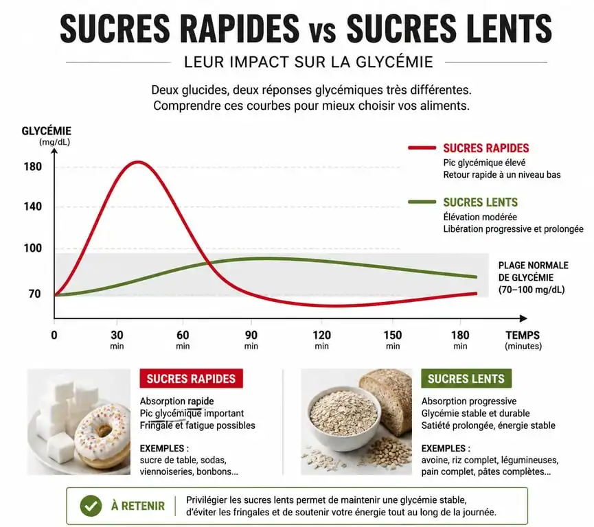 Comparaison graphique de l'absorption des sucres lents et rapides dans le sang