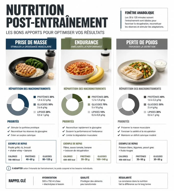 Infographie sur l'alimentation post-sport : conseils nutritionnels pour la prise de masse, l'endurance et la perte de poids