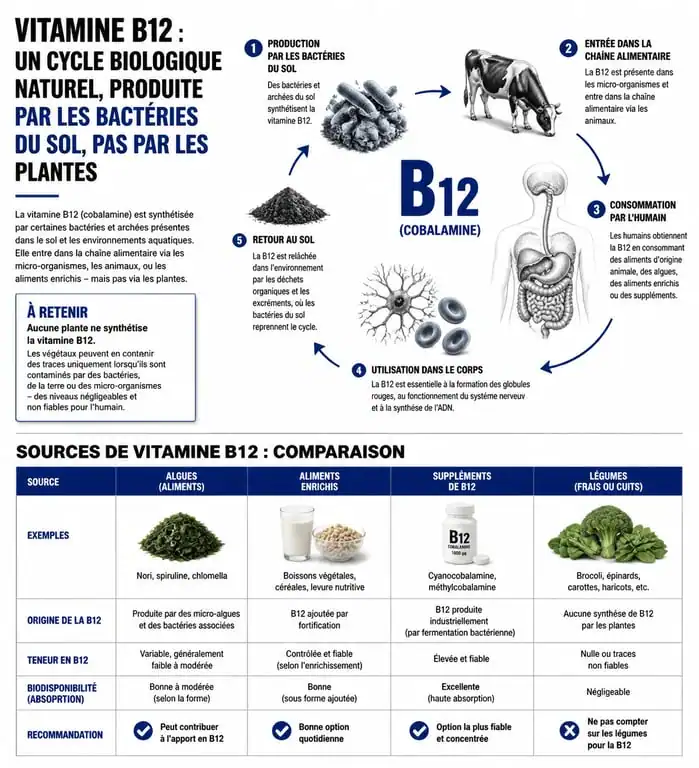 Infographie sur les sources de vitamine B12 et l'absence de cobalamine dans les légumes