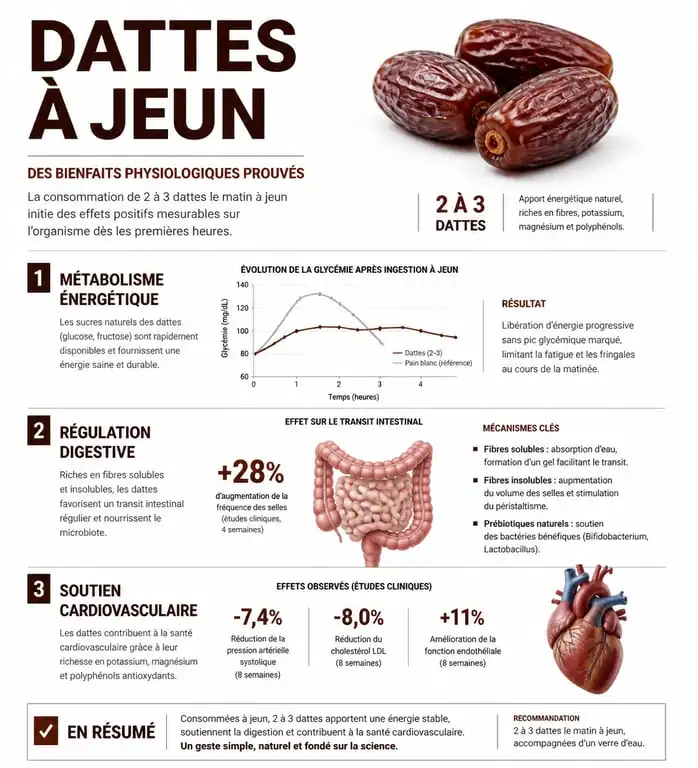Infographie des bienfaits des dattes à jeun sur la santé, l'énergie et la digestion