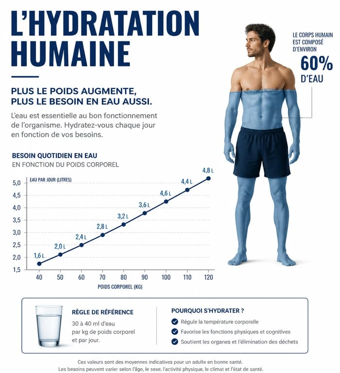 Infographie montrant la quantité d'eau à boire par jour selon le poids corporel