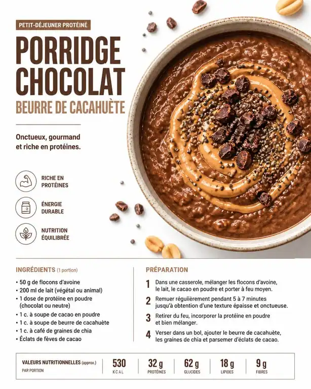 Bol de porridge protéiné au chocolat et beurre de cacahuète pour petit-déjeuner sportif