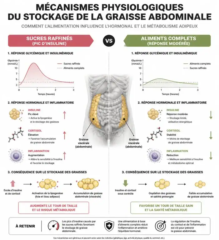 Infographie expliquant les mécanismes de stockage de la graisse abdominale et les aliments à supprimer pour perdre du ventre