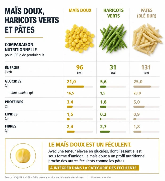 Infographie comparative de la valeur nutritionnelle du maïs doux par rapport aux légumes et féculents