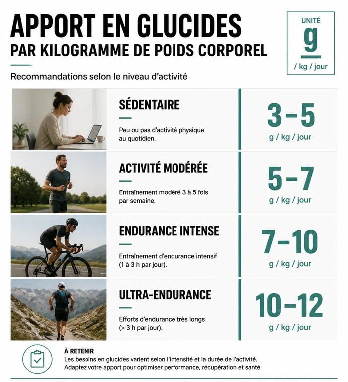 Infographie des besoins en glucides par kg de poids corporel selon le niveau d'activité physique