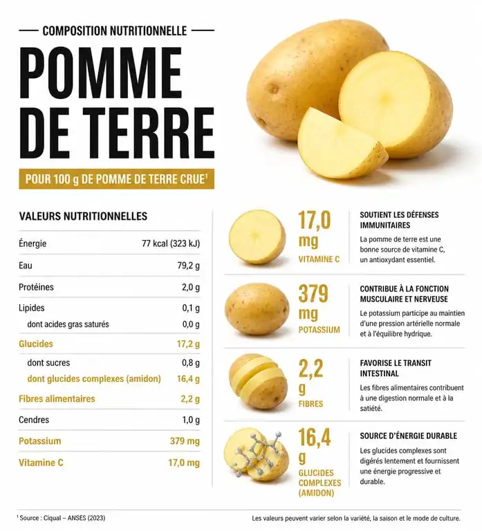 Infographie de la valeur nutritionnelle de la pomme de terre : vitamines, minéraux et apports énergétiques