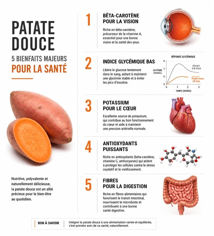 Infographie illustrant les 5 bienfaits de la patate douce pour la santé et l'équilibre nutritionnel