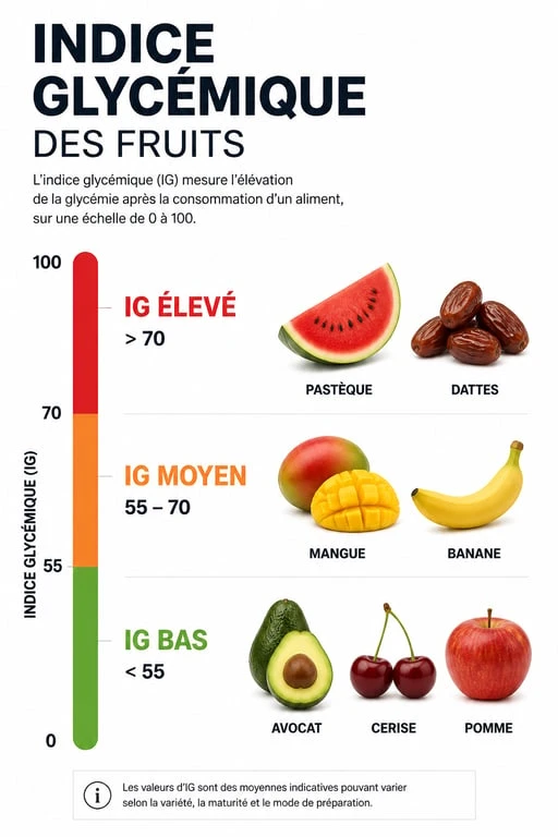 Infographie sur l'indice glycémique des fruits classés par catégories