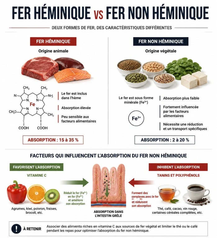 Infographie sur l'absorption du fer et les aliments riches en fer pour lutter contre la carence