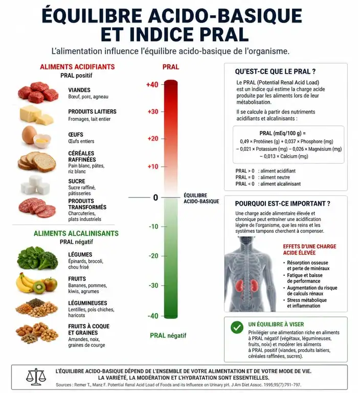Infographie sur l'équilibre acido-basique et l'indice PRAL pour éviter les aliments acides