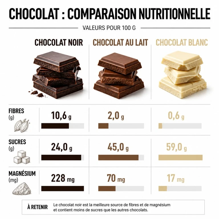 Comparatif nutritionnel chocolat noir, lait et blanc : calories, fibres, sucres et magnésium pour 100g