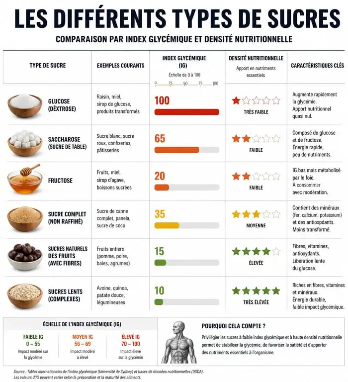 Infographie comparative des sucres : index glycémique et impact sur la santé