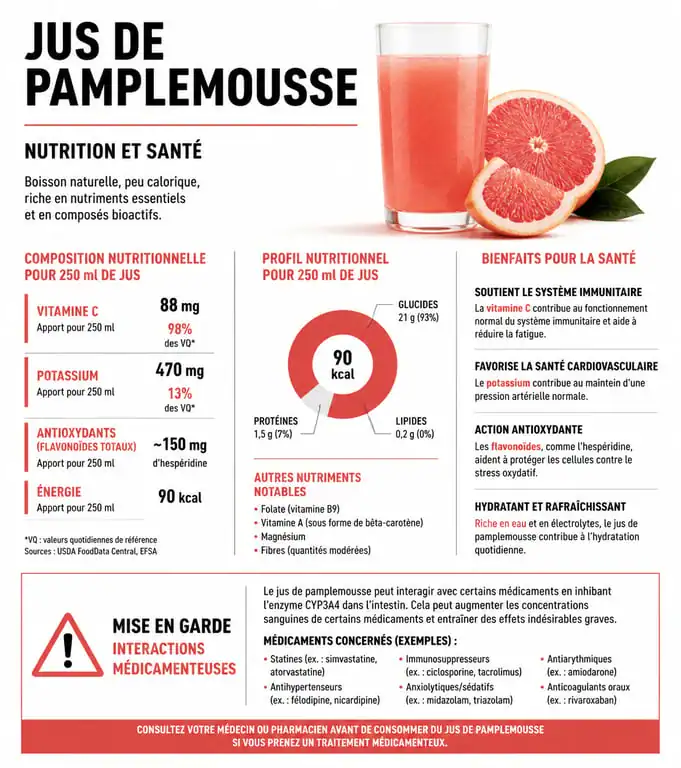Infographie sur les bienfaits et la composition nutritionnelle du jus de pamplemousse pour la santé