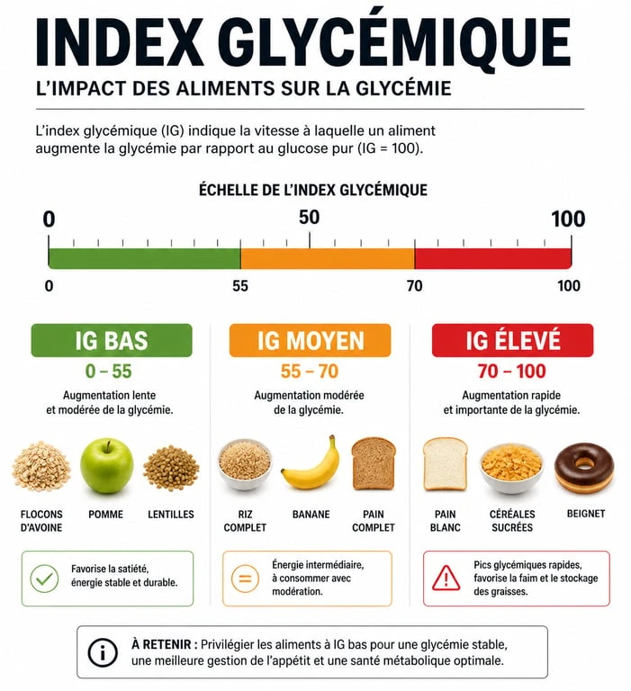 Infographie explicative de l'index glycémique des aliments et de leur impact sur la santé