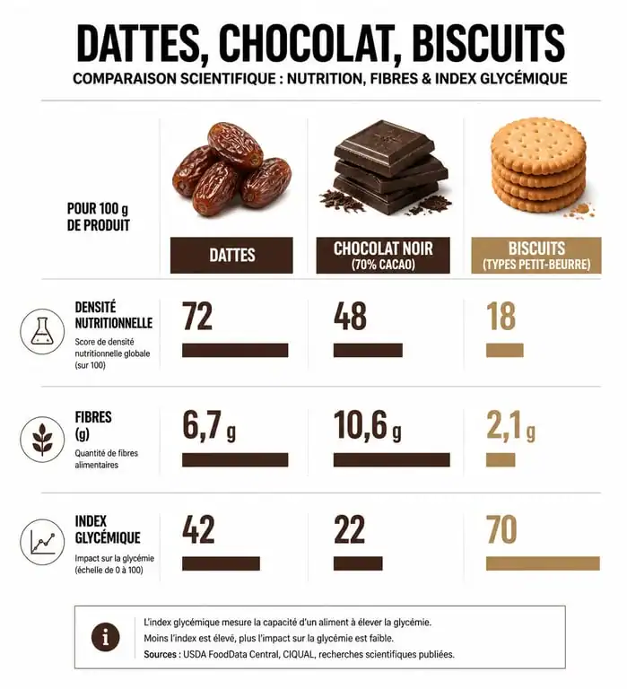 Infographie comparative des bienfaits nutritionnels des dattes pour la gestion du poids