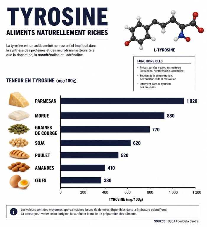 Infographie comparative des aliments riches en tyrosine pour optimiser sa santé et sa concentration