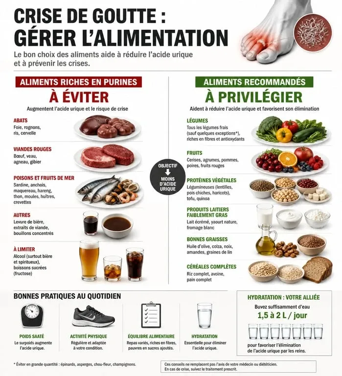Infographie sur l'alimentation pour crise de goutte : aliments à éviter et aliments à privilégier pour réduire l'acide urique.