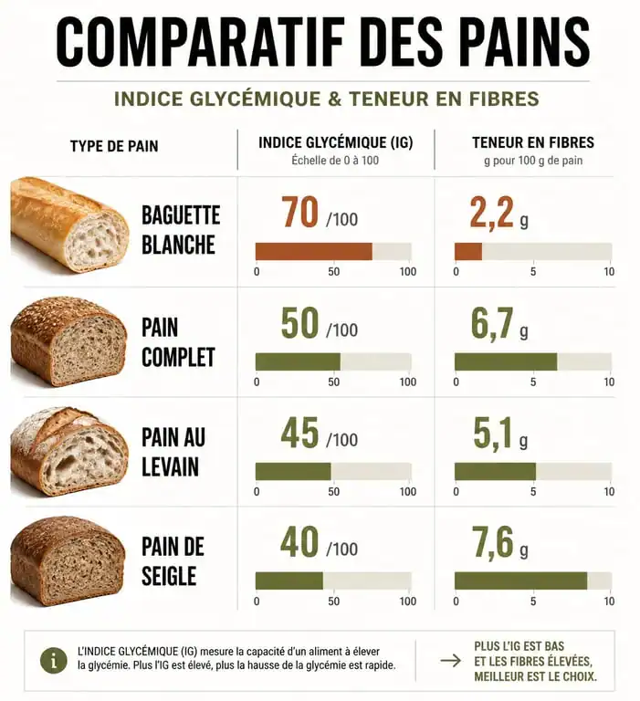 Infographie comparative des indices glycémiques et teneurs en fibres des différents types de pains pour la santé