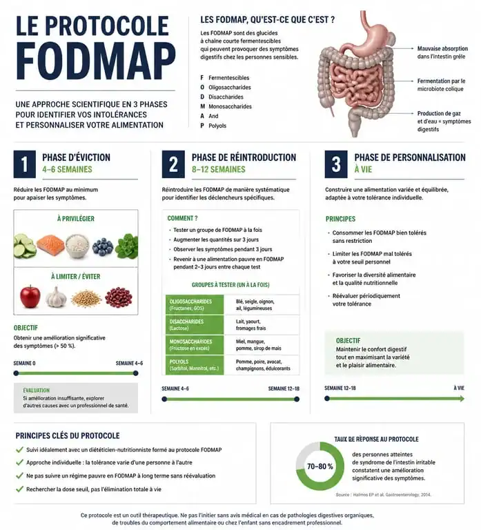 Infographie des trois phases du régime FODMAP pour le syndrome de l'intestin irritable
