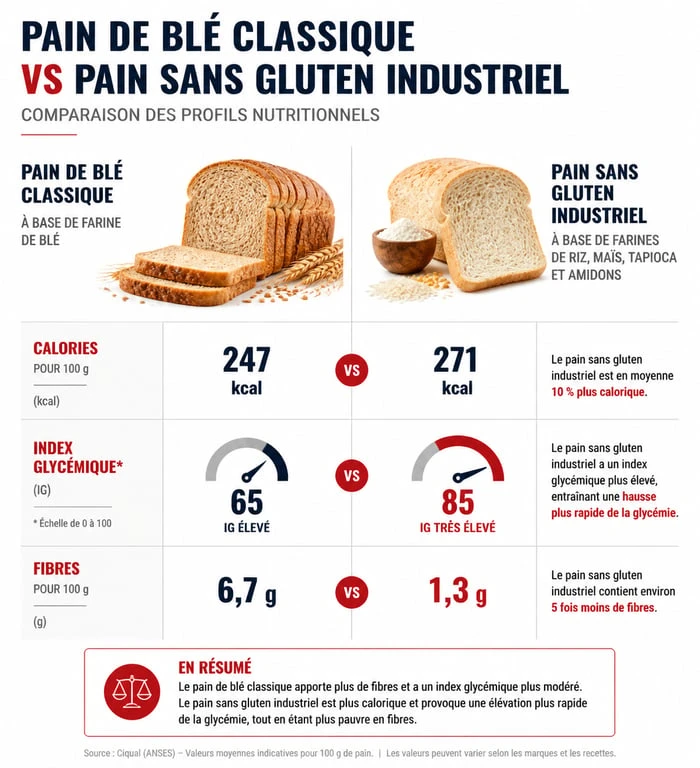 Infographie comparative des apports nutritionnels entre pain classique et pain sans gluten industriel pour comprendre si le sans gluten fait maigrir