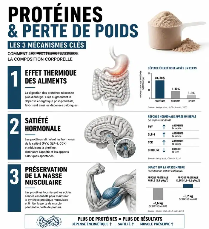 Infographie sur les bienfaits des protéines pour la perte de poids et la gestion de la satiété